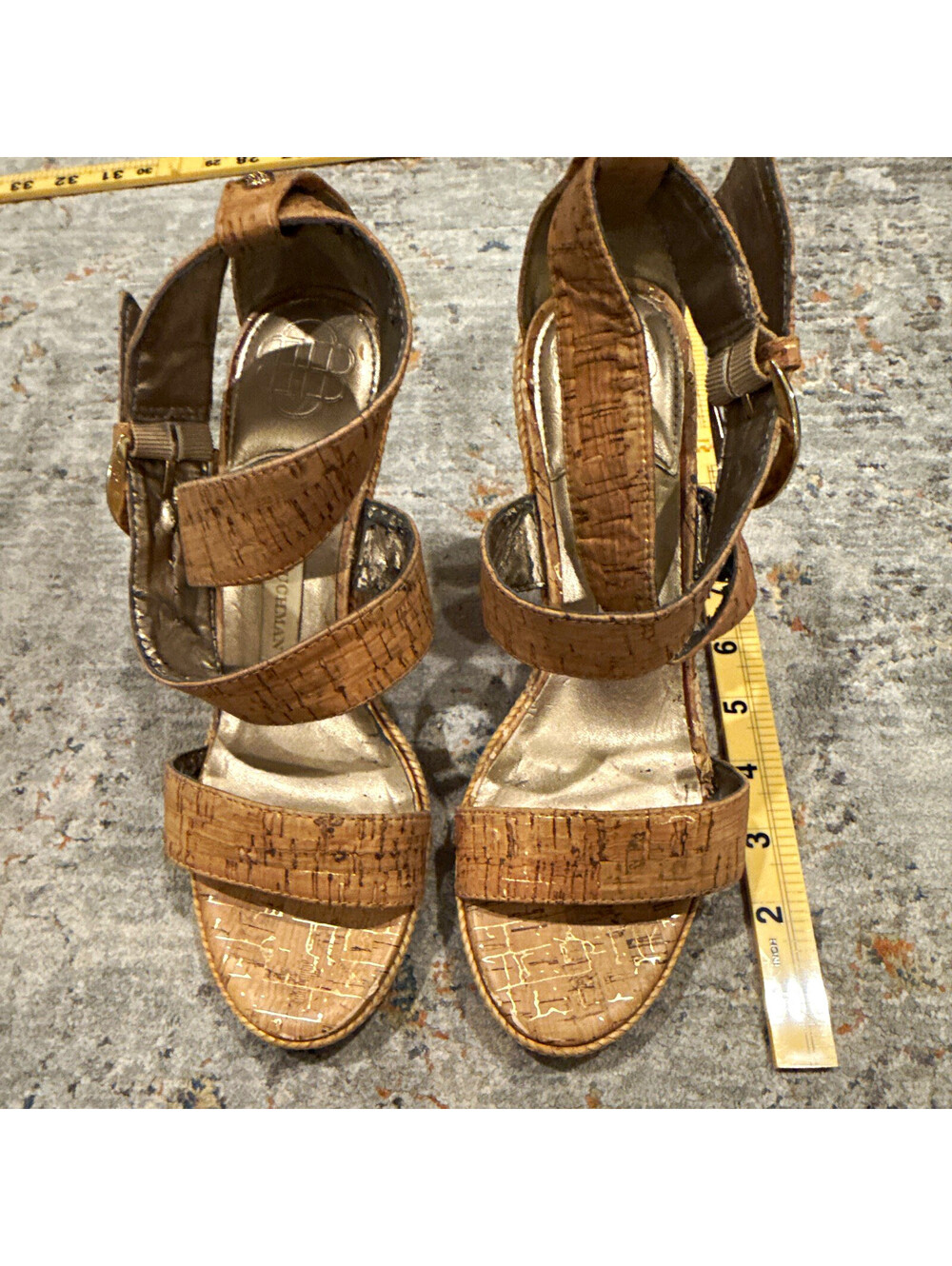 Dana Buchman Beige Cork Wedge Strappy Sandals Adjustable Ankle Strap Buckle
